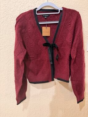 Blu Pepper Burgundy Black Velvet Bow Tie Pointelle Knit Cardigan Size 2 NWT